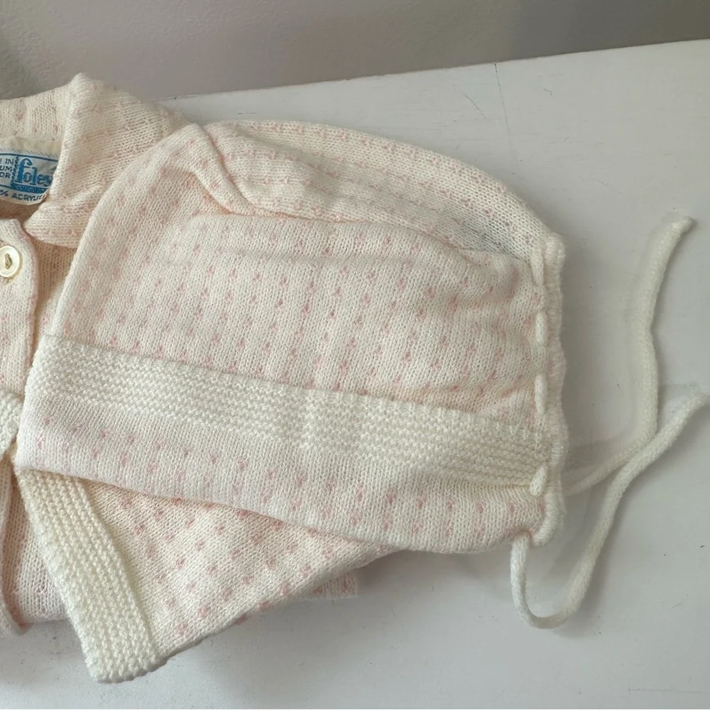 Vintage Foley’s Baby Sweater Set Pink White Knit Cardigan Bonnet Size 6M